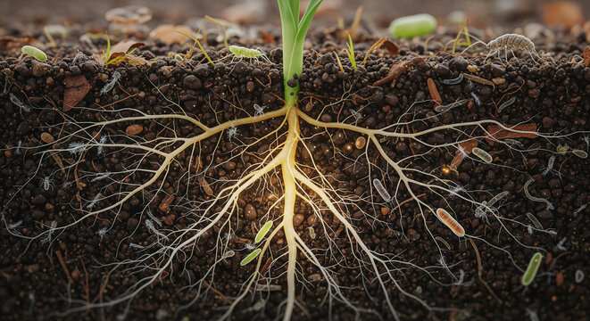 Soil food web and rhizosphere microbiome with plant roots, bacteria, fungi, and microfauna