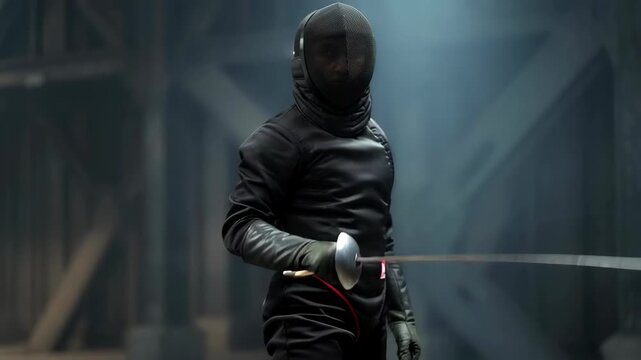 Woman fencer in black uniform training with a sword, demonstrating lunges and parries. Athletic sport for competition.