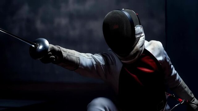 Fencer in uniform performs lunge with epee. Combat sport training and competition. Dynamic action.