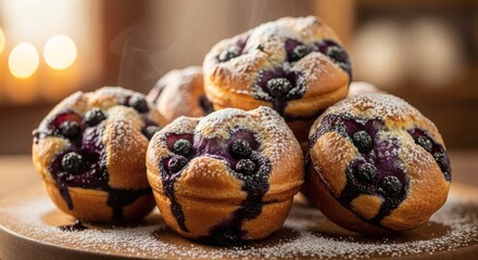 Freshly Baked Blueberry Popovers Dusted with Powdered Sugar, Delicious Pastry Closeup 