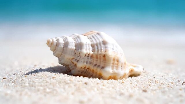 Beautiful conch seashell resting on a pristine white sand beach with gentle turquoise ocean waves in the background