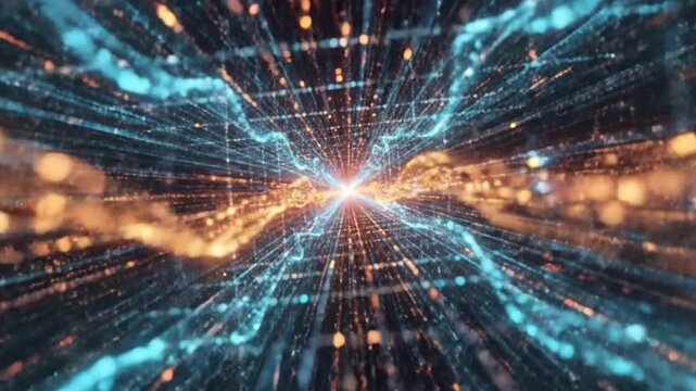 Hyper cinematic quantum data particles flowing through crystalline cyber corridor with holographic grids and glowing light pathways