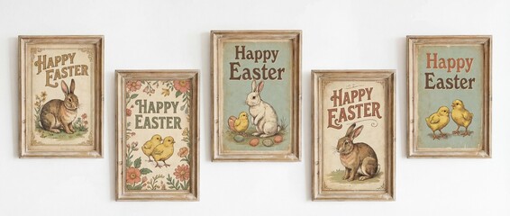 Set of Vintage Easter Greeting Cards in Rustic Wooden Frames. Retro Style Posters with Cute Bunny, Easter Chicks, Spring Flowers and Hand Drawn Typography. Happy Easter Lettering on Aged Paper Backgro