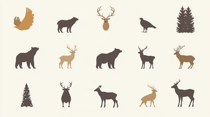 Obraz premium Simple wilderness icons of animals such as a bear, deer, and eagle.