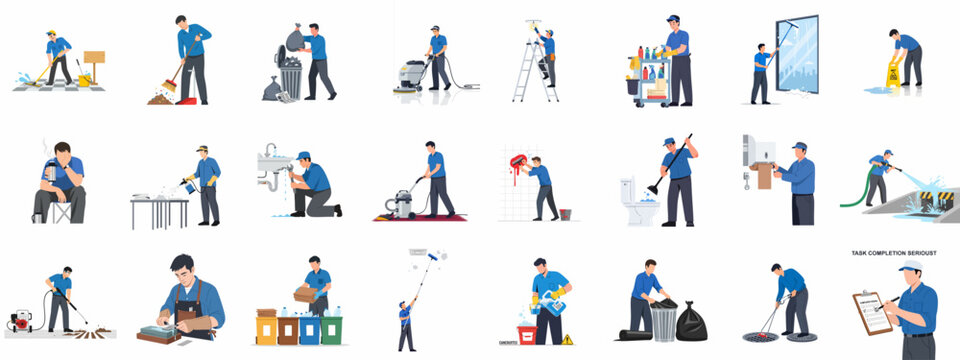 Comprehensive set of cleaning, maintenance, and facility management services tasks performed by professional janitors and service workers.