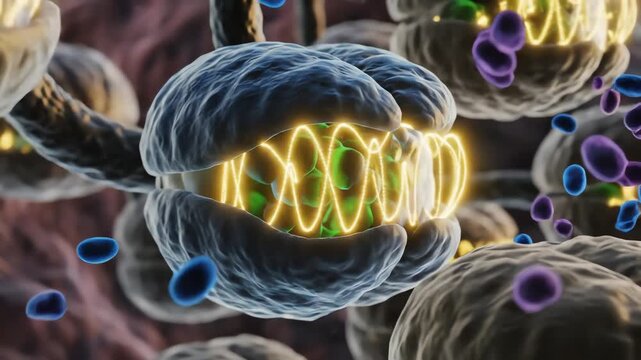 Omega-3 presence stabilizes mitochondrial membranes, shown as consistent, rhythmic ATP pulses. Energy production becomes smoother and less erratic
