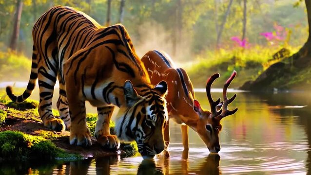 Cinematic 4K Slow Motion: Bengal Tiger and Spotted Deer Drinking Together at Riverbank in Golden Hour, Predator and Prey Coexisting in Misty Forest Wilderness Scene