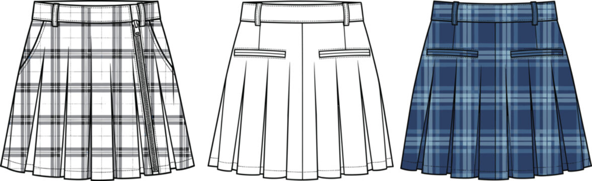 Pleated skirt fashion flats set showing plaid pattern and plain design front views women apparel technical vector illustration