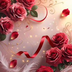 Happy valentines day beautiful background with roses and red ribbon