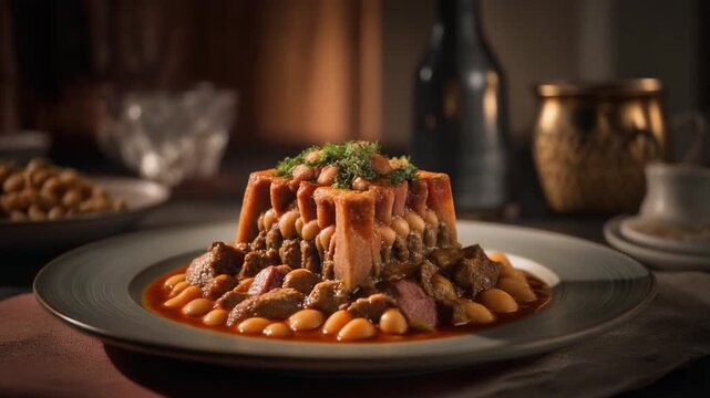 Hearty traditional stew with meat, white beans, and a savory pudding centerpiece
