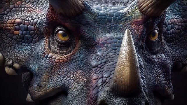 Close-up of a majestic Triceratops dinosaur, showcasing its intricate skin texture, powerful horns, and ancient, watchful eyes