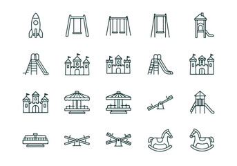 Playground equipment line icons set for children's leisure activities