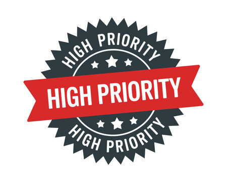 Black and red high priority badge with star details and ribbon