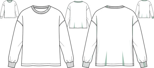 Long sleeve sweatshirt technical flat sketch set showing front back and detail views casual apparel line art vector template © Rubya