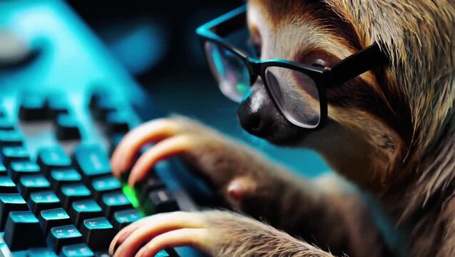 Three-Toed Sloth Programmer with Geek Glasses Pressing Enter. High-Angle Cinematic Shot of Realistic Animal Hacking in Blue and Teal Tech Environment.