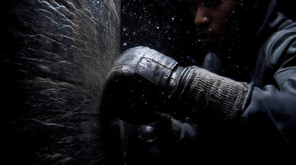 Close-up of gloved hands in powerful impact with punching bag for fitness and intensity concept, Generative AI illustrations.