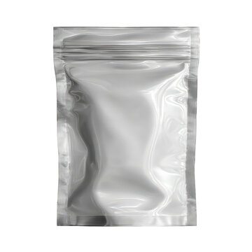 Empty silver mylar foil food storage bag with crinkled texture isolated on transparent background