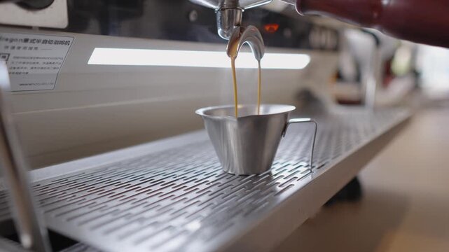 Slow motion closeup of professional espresso machine pouring hot double shot into metal measuring cup, with aromatic steam rising from freshly brewed dark liquid, representing morning coffee ritual