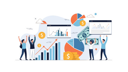 Fototapeta premium Group of joyful people celebrating major financial success surrounded by money, gold coins, and rising business performance charts.