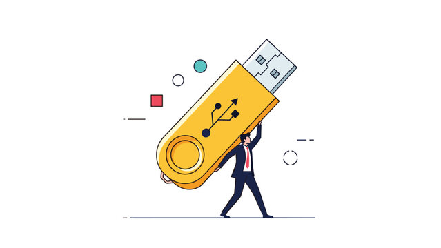 Businessman in a suit carrying a giant yellow USB flash drive on his back to represent the heavy burden of data and information storage.