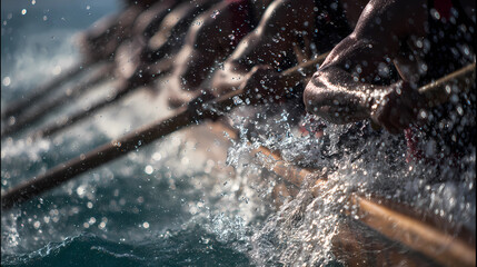Synchronized rowing team in a boat with water splashing and symbolizing strength and coordination, Generative AI illustrations.