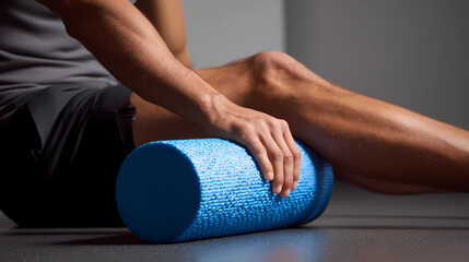 Close-up of legs using foam roller for myofascial release and muscle recovery, Generative AI illustrations.
