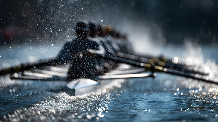 Synchronized rowing team in a boat with water splashing and symbolizing strength and coordination, Generative AI illustrations.