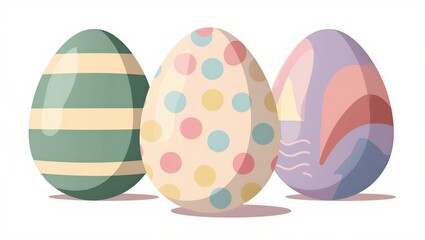 Flat vector illustration of three colorful Easter eggs with various patterns. Festive spring celebration concept.