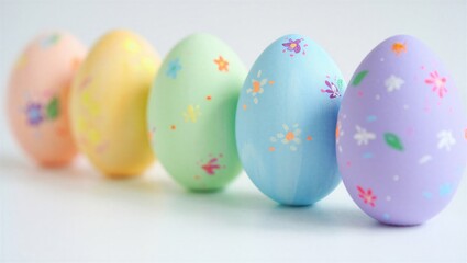 Five pastel-colored Easter eggs with floral designs arranged in a row. Perfect for spring celebrations and festive decorations.