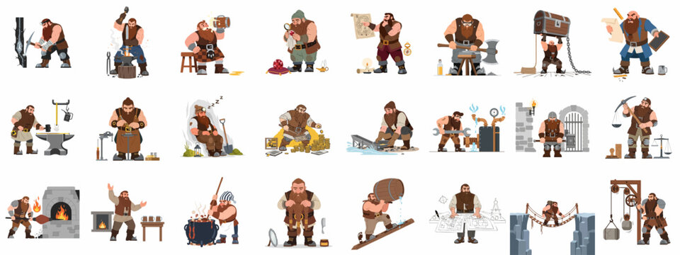 Fantasy Dwarfs Vector Set: Characters Engaged in Mining, Crafting, Treasure Hunting, and Daily Life Activities on White Background.