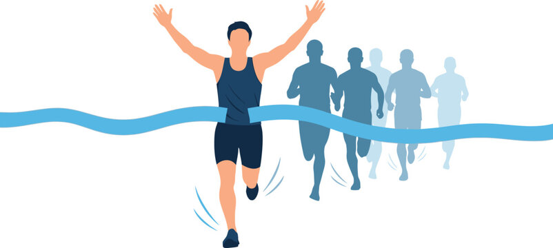 Winning marathon runner crossing finish line, champion athlete winning race competition, successful sprinter reaching blue ribbon, sports achievement vector