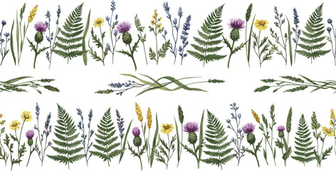 Watercolor wildflower and fern border set with meadow plants and herbs botanical illustration isolated on white background for branding design © Ideasy Mind