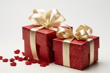 Obraz premium Two beautifully wrapped presents with shimmering ribbons surrounded by decorative hearts