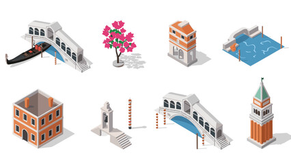 Fototapeta premium Isometric venice landmarks: iconic bridges and architecture in minimalist design
