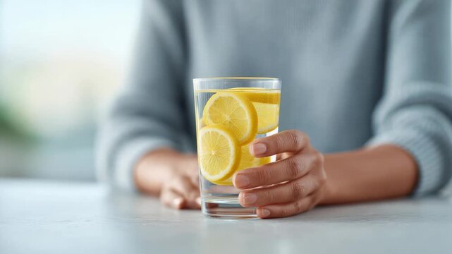 Young woman sitting at wooden table, sipping hydrating lemon water with fresh citrus slices, representing wellness and natural refreshment during summer detox routine