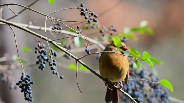 Female cardinal perched on a branch with berries