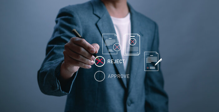Business professional rejecting digital documents through virtual approval system, showing decision making, document review, compliance process, workflow management and corporate control concept