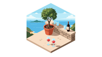 Obraz premium Scenic terrace with wine glasses and sea view in isometric style