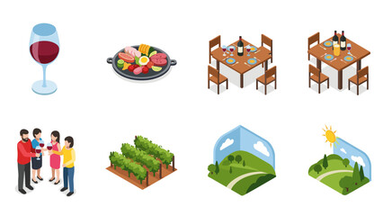 Obraz premium Isometric wine and dining experience with vineyard and landscape elements