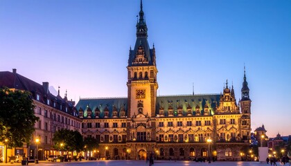 Obraz premium A majestic European civic building illuminated against a twilight sky, showcasing intricate architecture and architectural details