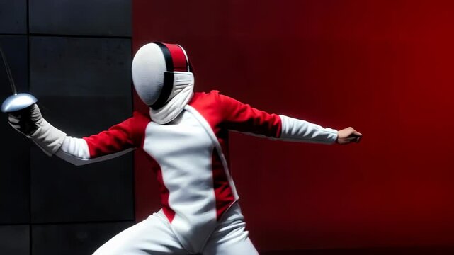 Fencer woman in white and red uniform in an en garde pose with rapier, sport competition concept