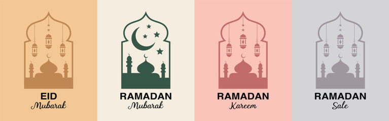 ramadan mubarak eid greeting cards with mosque illustrations