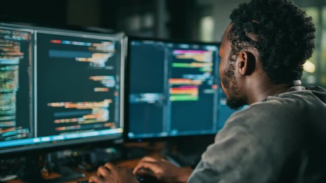 Focused medium shot of a software engineer debugging code to optimize the performance of automated web scraping tools.