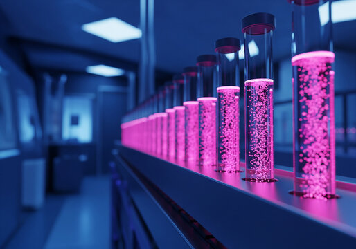 Row of laboratory test tubes filled with pink liquid and bubbles are illuminated under blue lighting