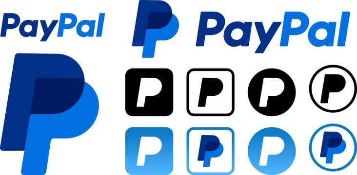 Set of logos and icon of the PayPal payment service, official concept of the financial brand in blue and black, secure transaction assets for e-commerce payment