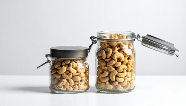 Two transparent glass jars with metal lids filled with roasted cashews, placed side by side on white surface, with scattered cashews in front.