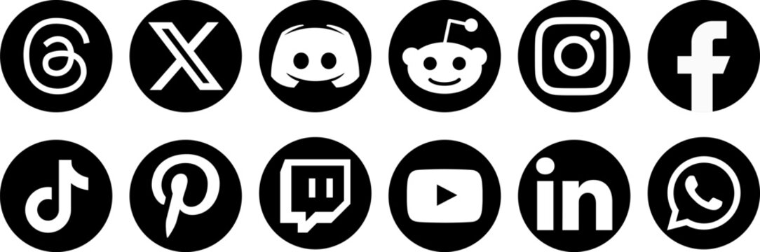 Set of black circular communication and social media icons, logos of popular digital networking platforms, monochromatic interface assets for modern application design