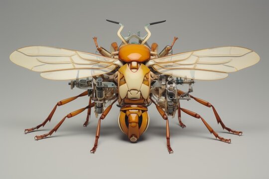 Robotic wasp sculpture showcasing intricate biomechanical engineering and futuristic design on gray background