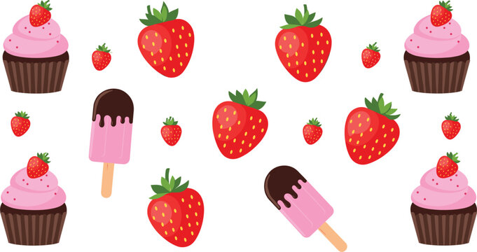 Sweet dessert collection featuring fresh strawberries pink cupcakes and chocolate dipped ice cream bars vector icons isolated on white background for bakery cafe and summer food design.