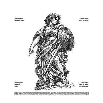 Vintage Engraving Style Illustration of Goddess Athena with Shield Sword and Laurel Wreath